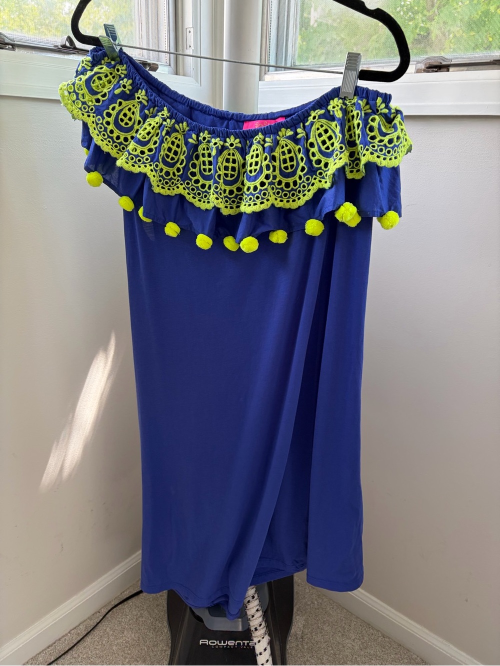 Lilly Pulitzer Royal Blue Off-Shoulder Dress with Neon Lime Trim